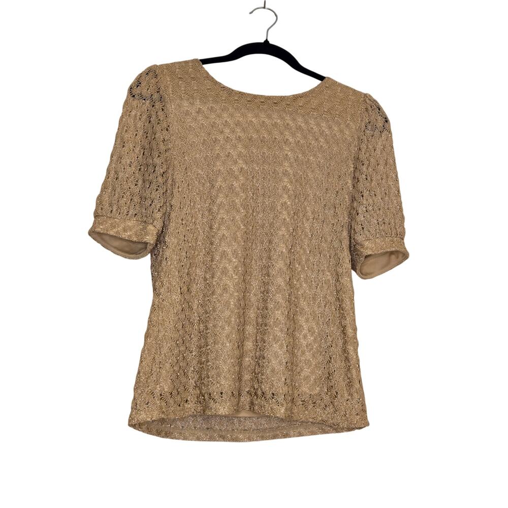 Cece Metallic Gold Sparkle Lace Lined Pullover Short Cuffed Sleeve Blouse | S